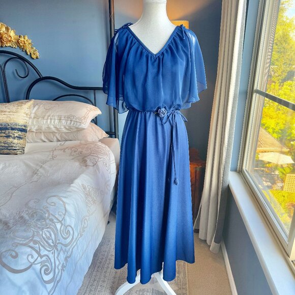 Vintage Navy Blue Chiffon Maxi Dress - Picture 1 of 14
